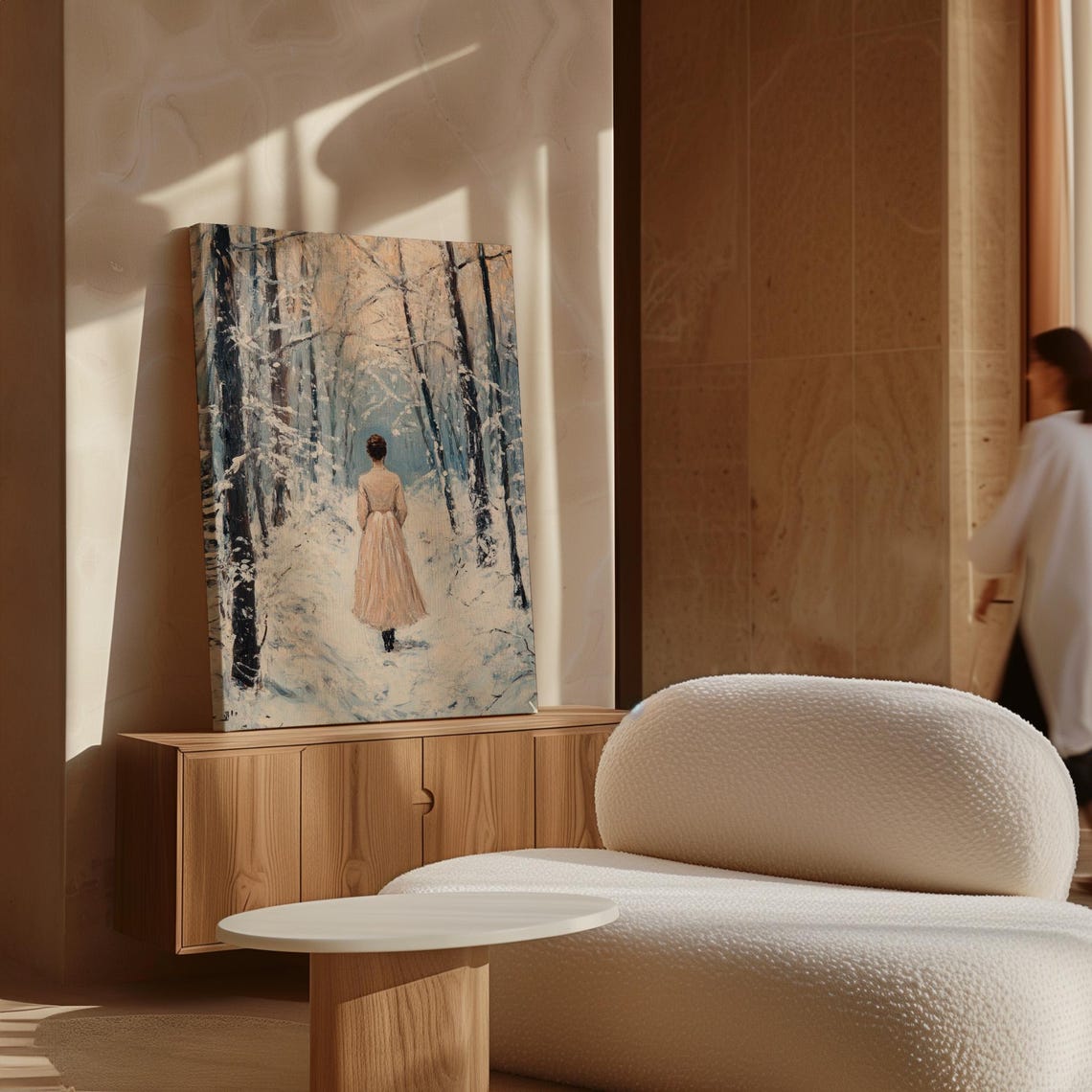 Woman Walking Away Through Snowy Forest Path Winter Scene Poster - Image 7