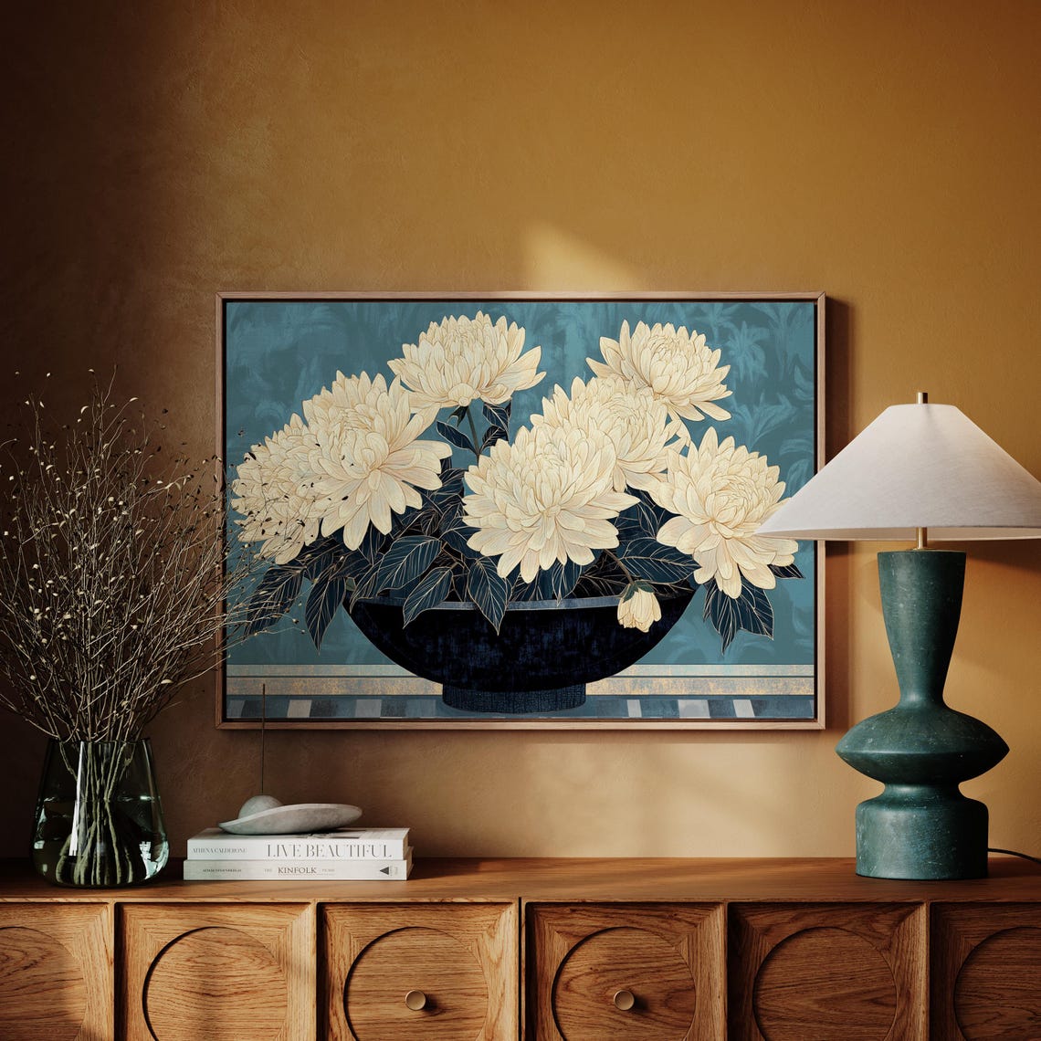 White Chrysanthemum Bowl Vintage Japanese Floral Decor Poster
