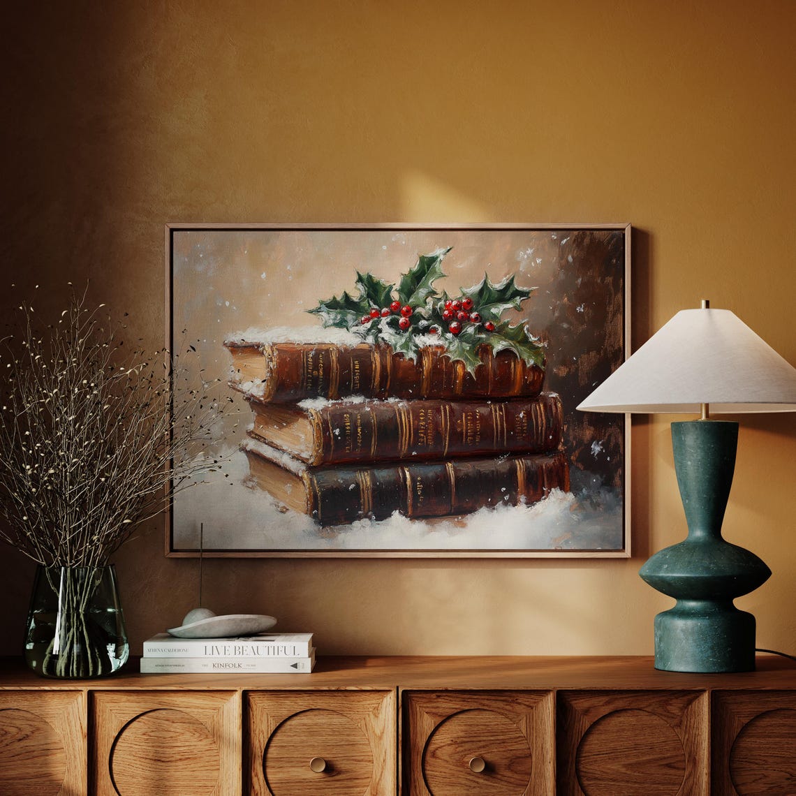 Antique Books Snow Holly Berries Christmas Vintage Winter Art Poster - Image 4