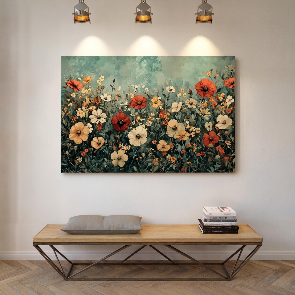 Wildflower Field Red Poppies And White Cosmos On Teal Vintage Wall Art - Image 7