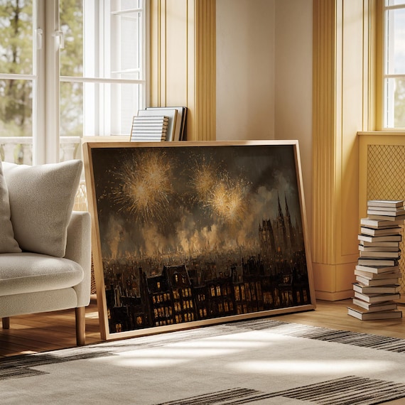 City Fireworks Canvas Wall Art Festive Night Skyline Painting With Bright Bursts Of Light Celebration Scene For Modern Urban Home Decor