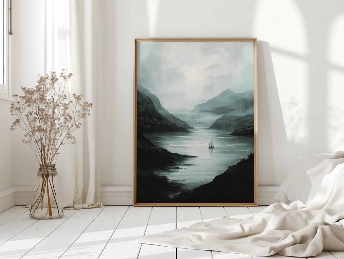 Moody Mountain Lake With Sailboat Misty Minimalist Landscape Wall Art Serene Nature Poster For Calm Rustic Decorv - Image 5