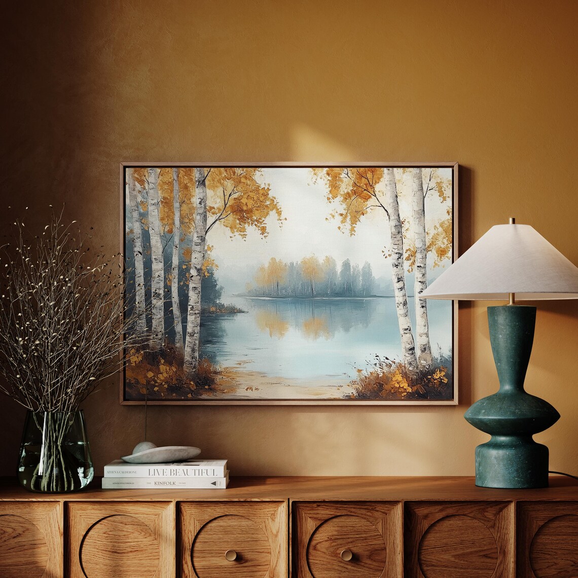 Autumn Birch Tree Landscape, Rustic Lake Scene - Image 4