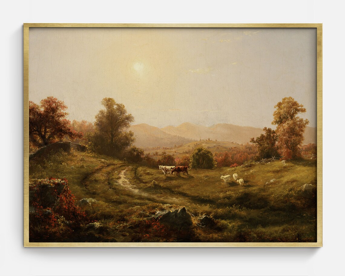 Hazy Morning Vintage Landscape, Sunrise Mountains Art Print