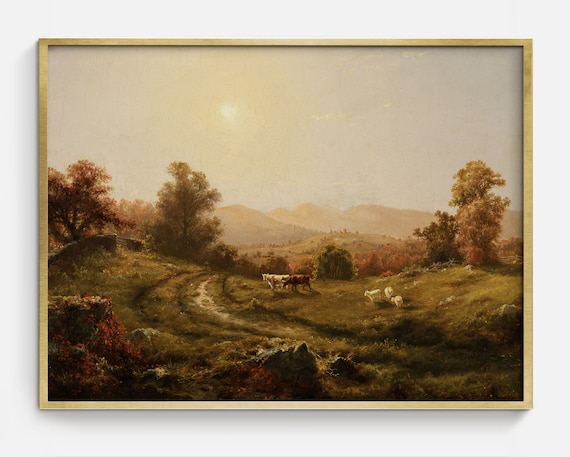 Hazy Morning Vintage Landscape, Sunrise Mountains Art Print