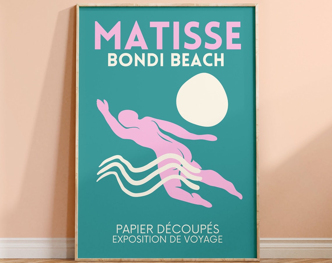 Matisse Style Bondi Beach Diver Teal Travel Exhibition Poster