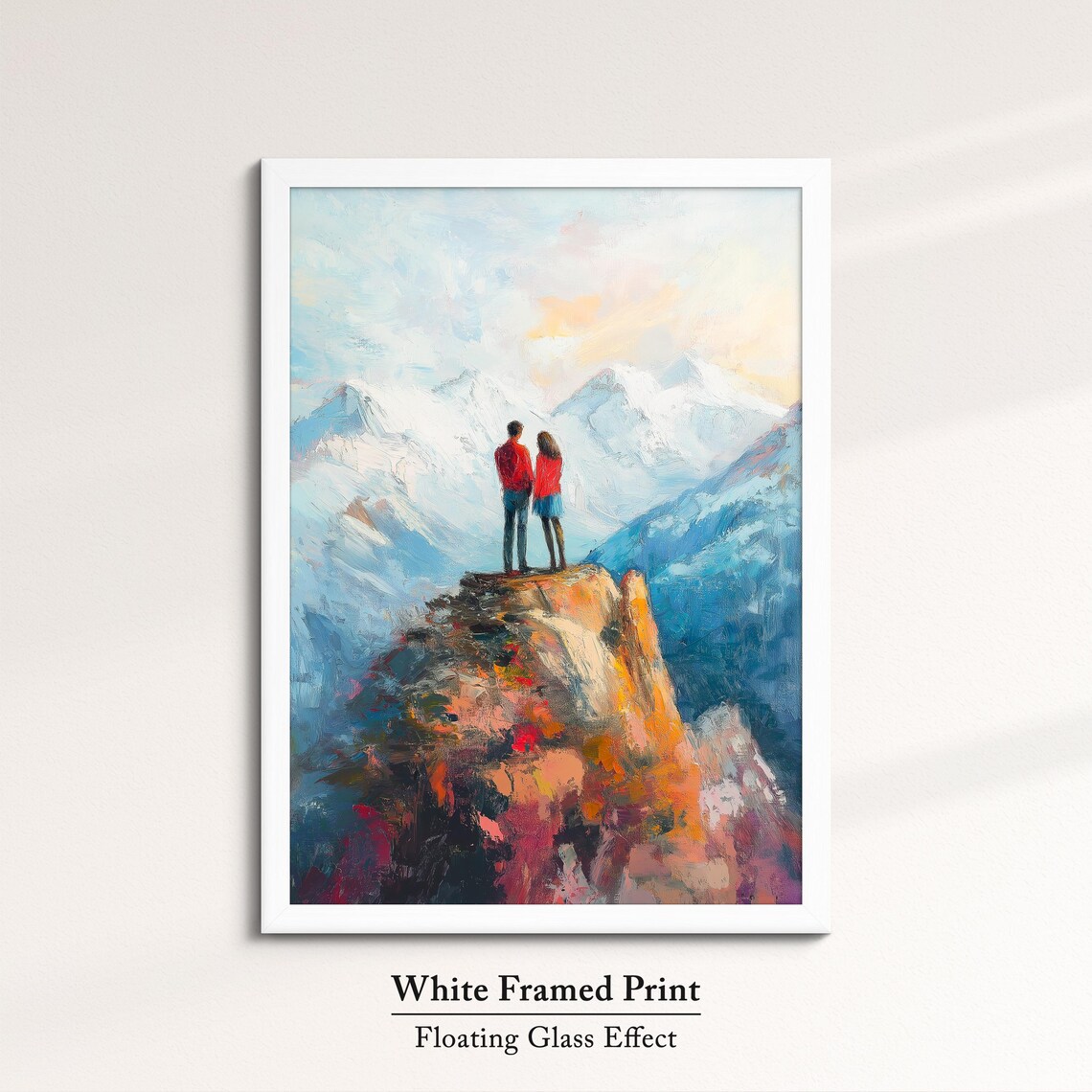 Romantic Couple On Cliff Edge Snowy Mountain Peak Love Art Poster - Image 7