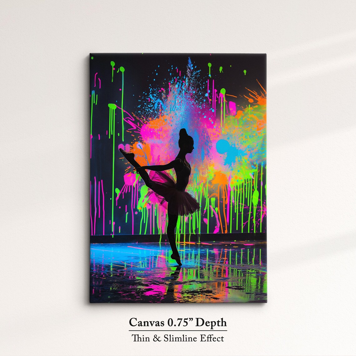 Ballerina Silhouette Neon Paint Drip Black Background Dance Wall Art Poster - Image 4