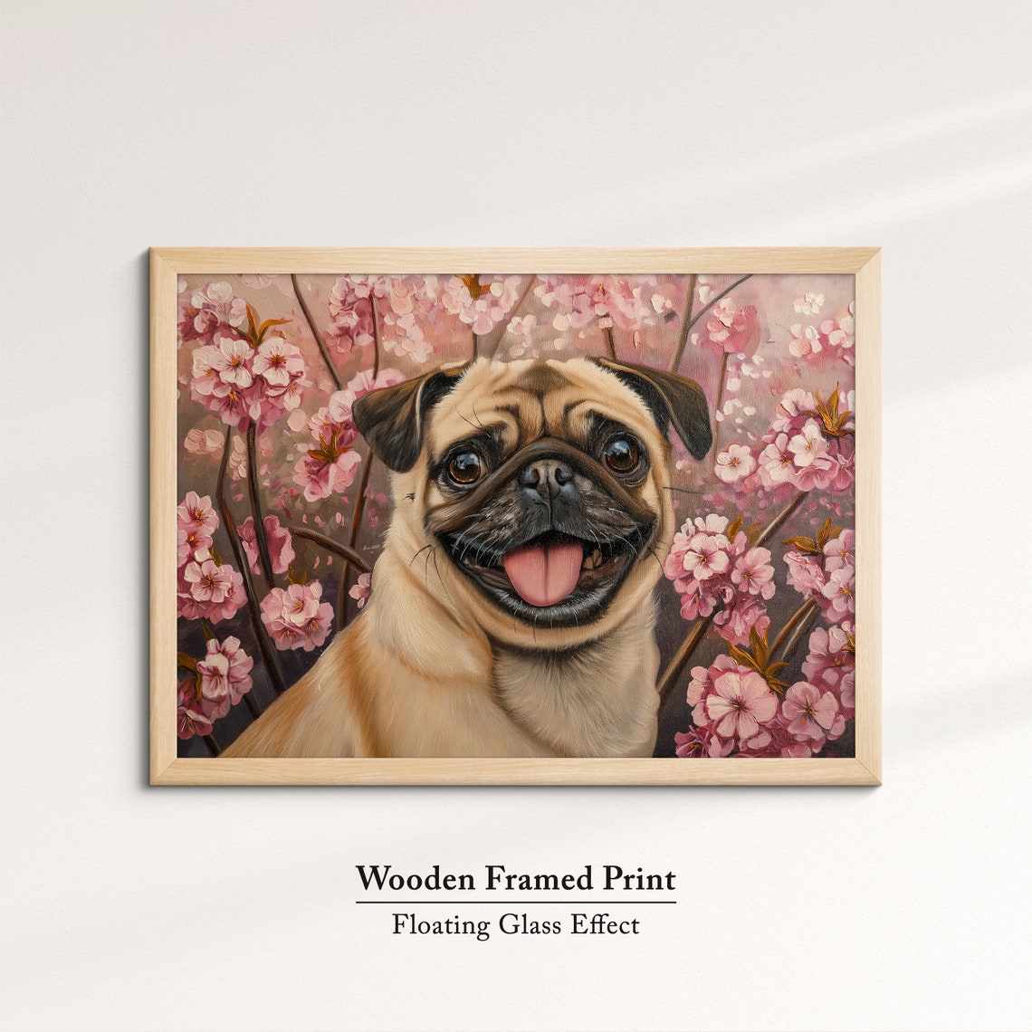 Happy Pug Grinning With Tongue Out In Pink Cherry Blossoms Art Poster - Image 6