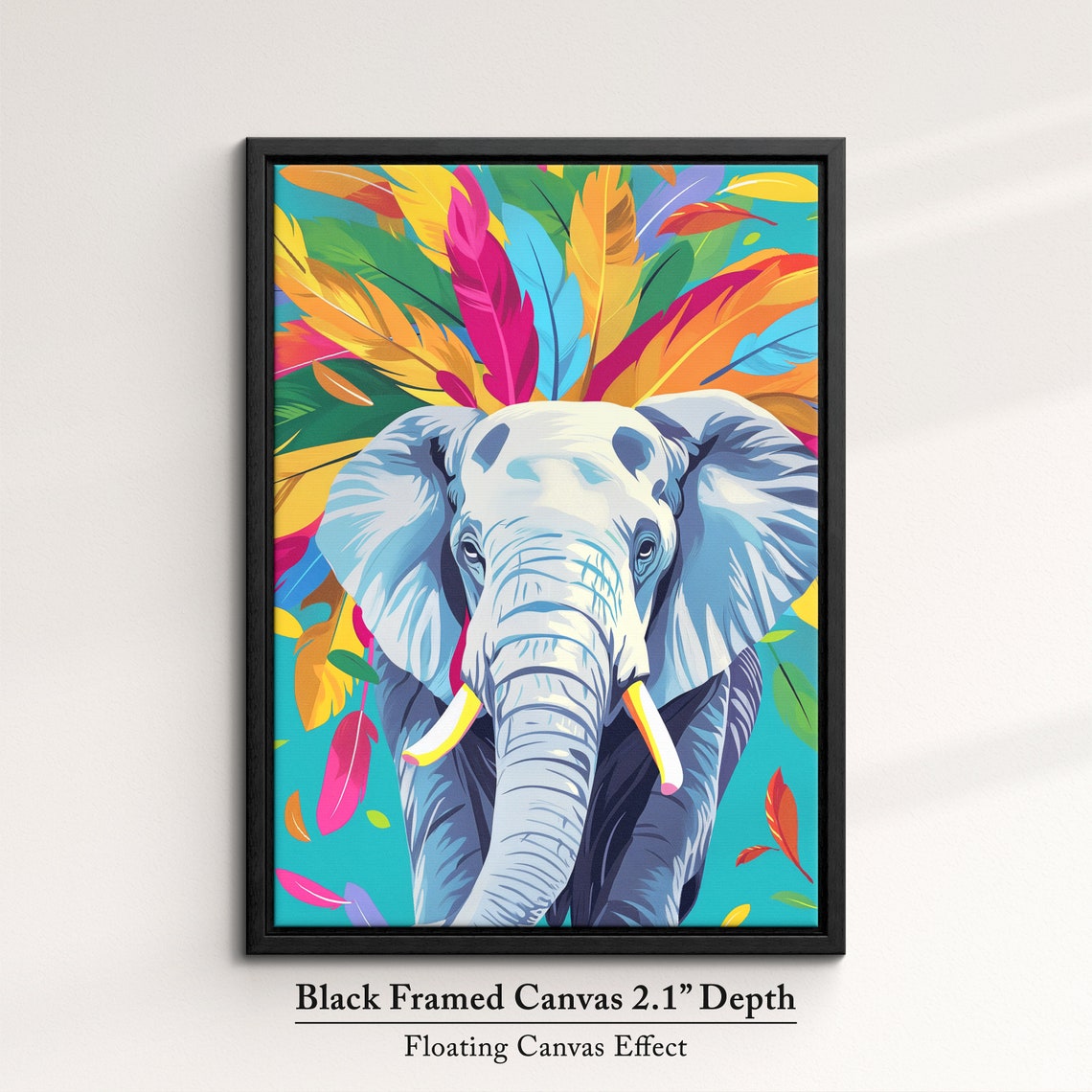 Elephant Front Portrait With Colorful Feathers Turquoise Art Poster - Image 2