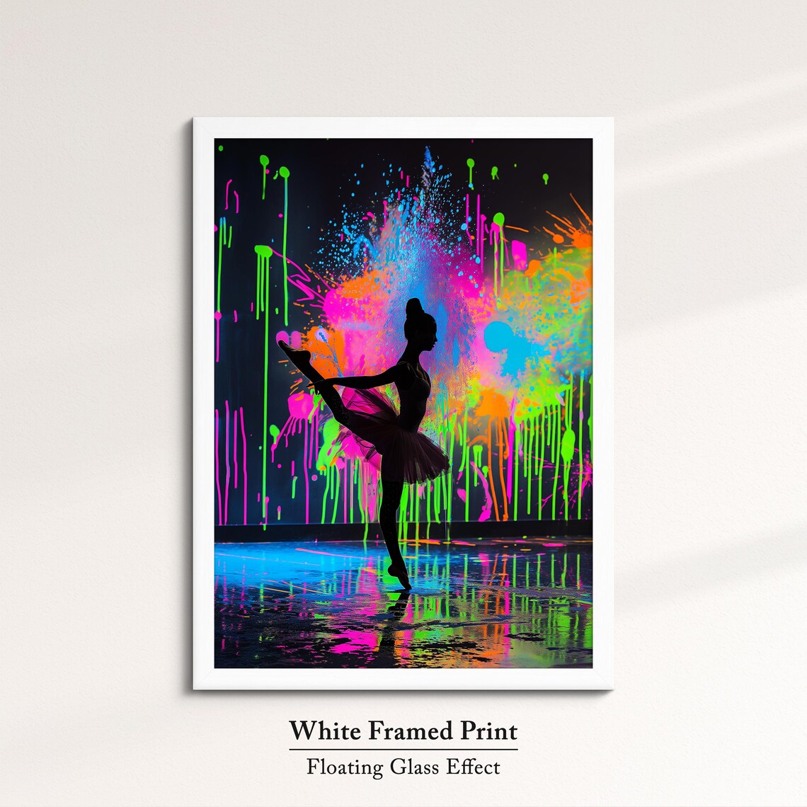 Ballerina Silhouette Neon Paint Drip Black Background Dance Wall Art Poster - Image 7