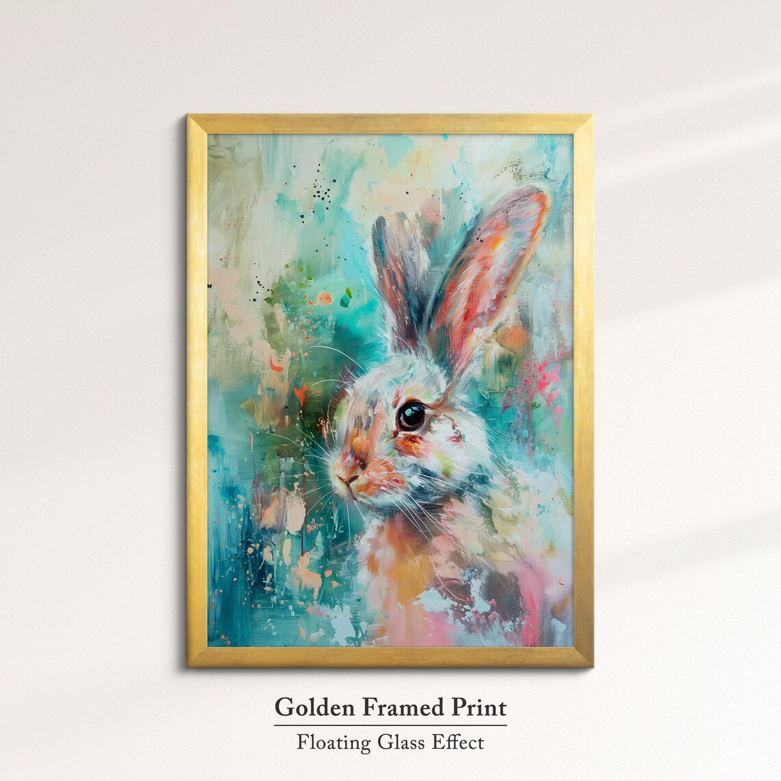 Wild Hare Portrait Teal Watercolor Splashes Abstract Wildlife Wall Art - Image 5