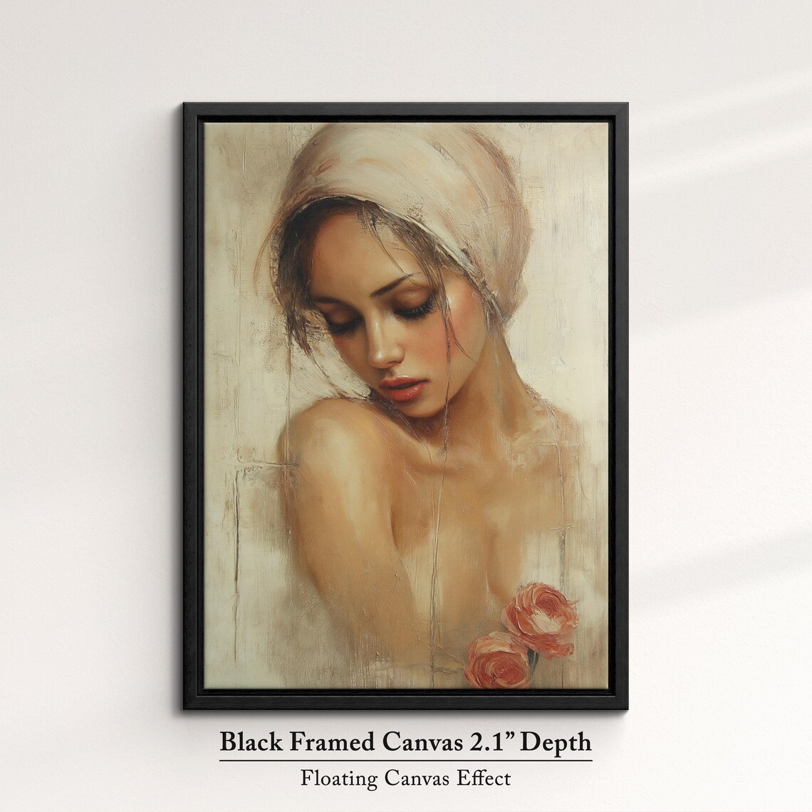 Contemplative Woman Portrait White Headscarf Roses Oil Painting Print - Image 2