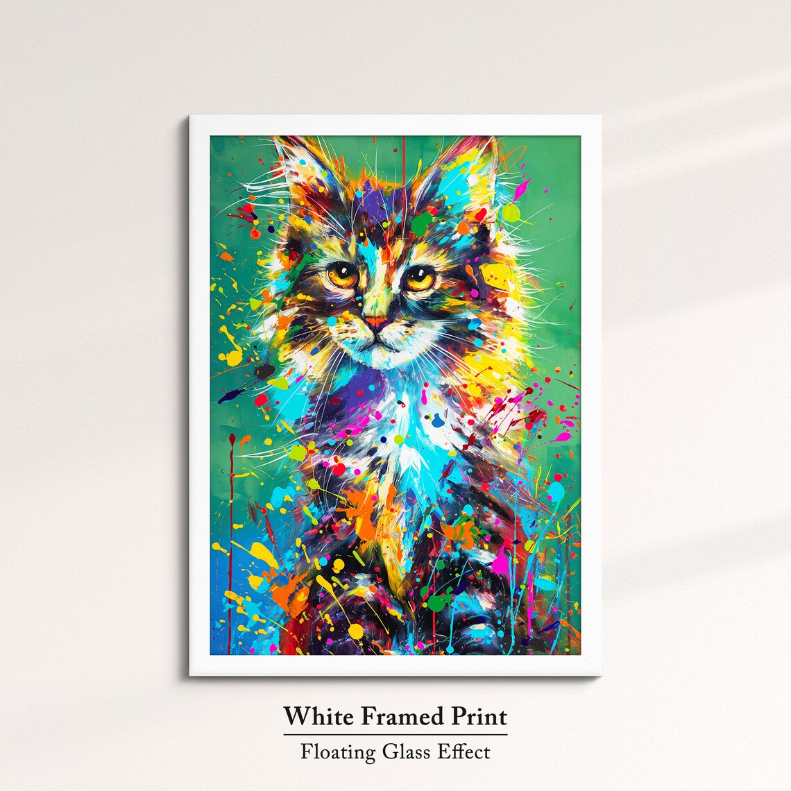 Colorful Paint Splatter Longhair Cat Portrait Teal Art Poster - Image 7