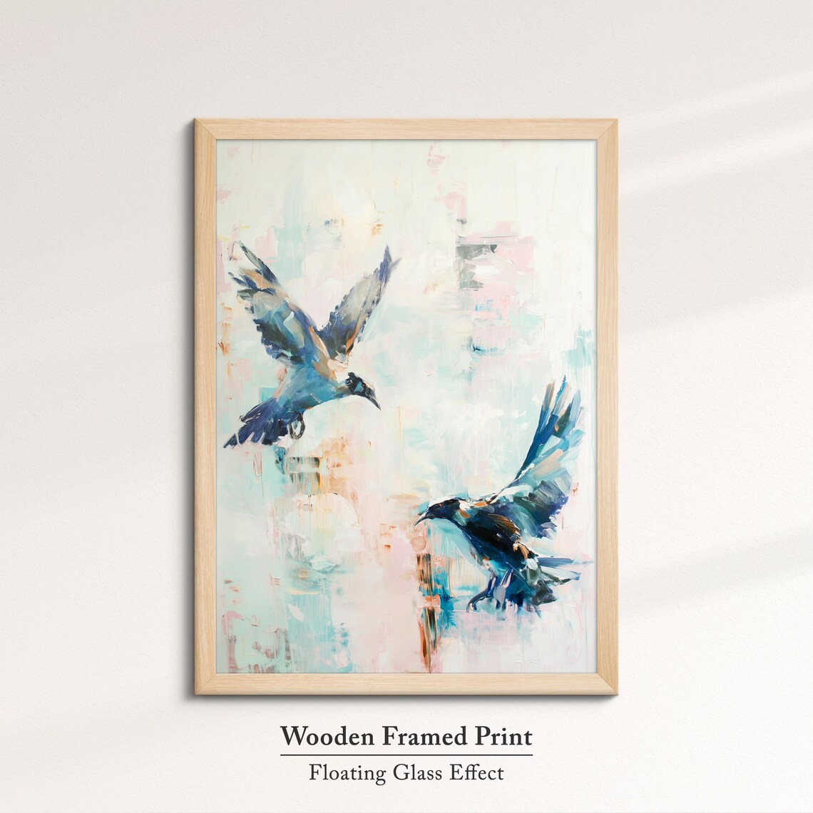 Two Crows In Flight Pastel Blue Watercolor Dark Bird Wall Art Poster - Image 6