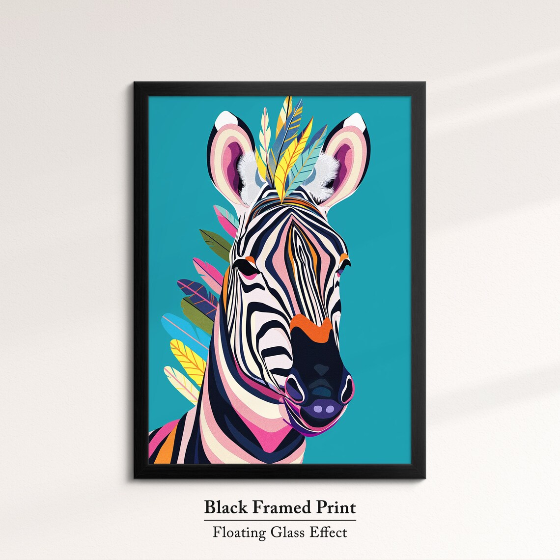 Zebra Head Portrait With Colorful Feathers Teal Background Art Poster - Image 8