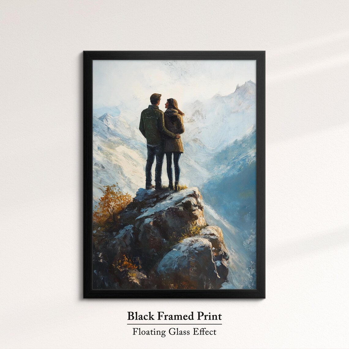 Couple Embracing On Snowy Mountain Summit Winter Romance Art Print - Image 8