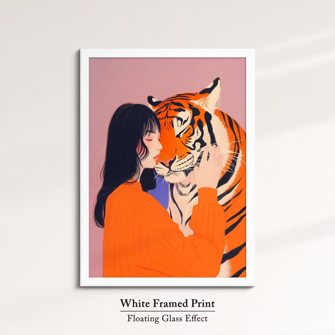 Woman Embracing Tiger Gentle Pink Background Modern Illustration Print - Image 7