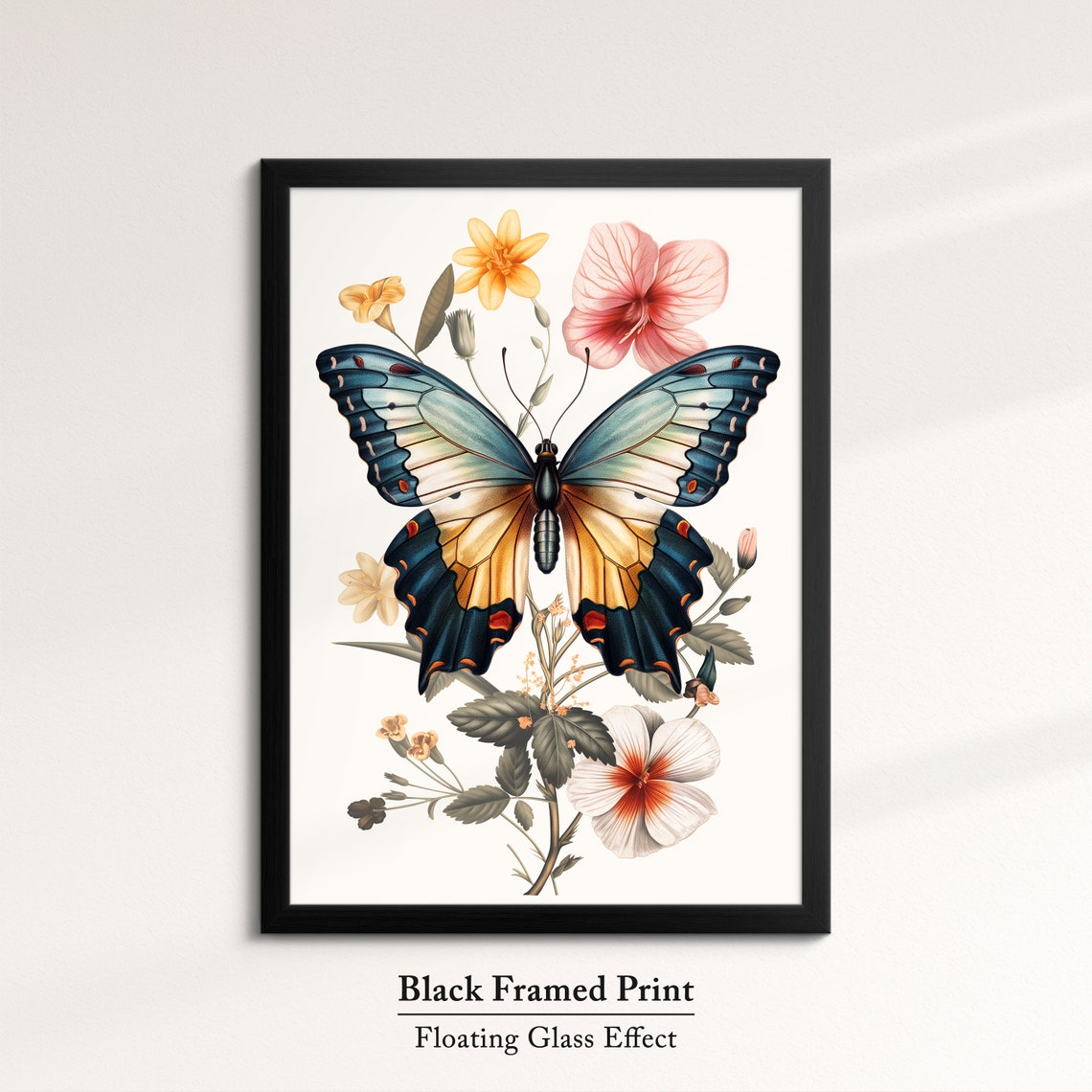 Vintage Botanical Swallowtail Butterfly With Flowers Cream Art Poster - Image 8