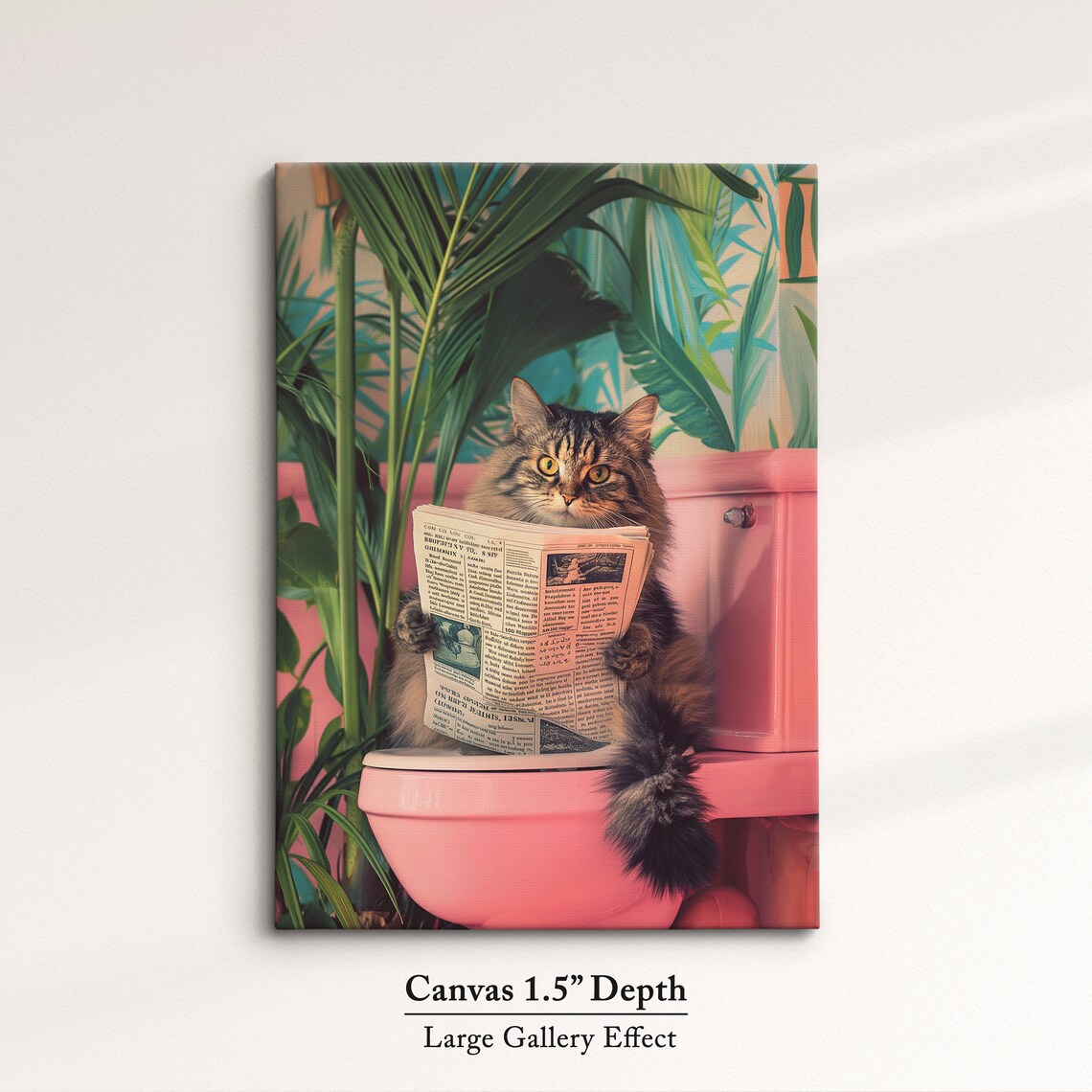 Funny Cat Reading Newspaper Pink Toilet Bathroom Quirky Wall Poster - Image 3