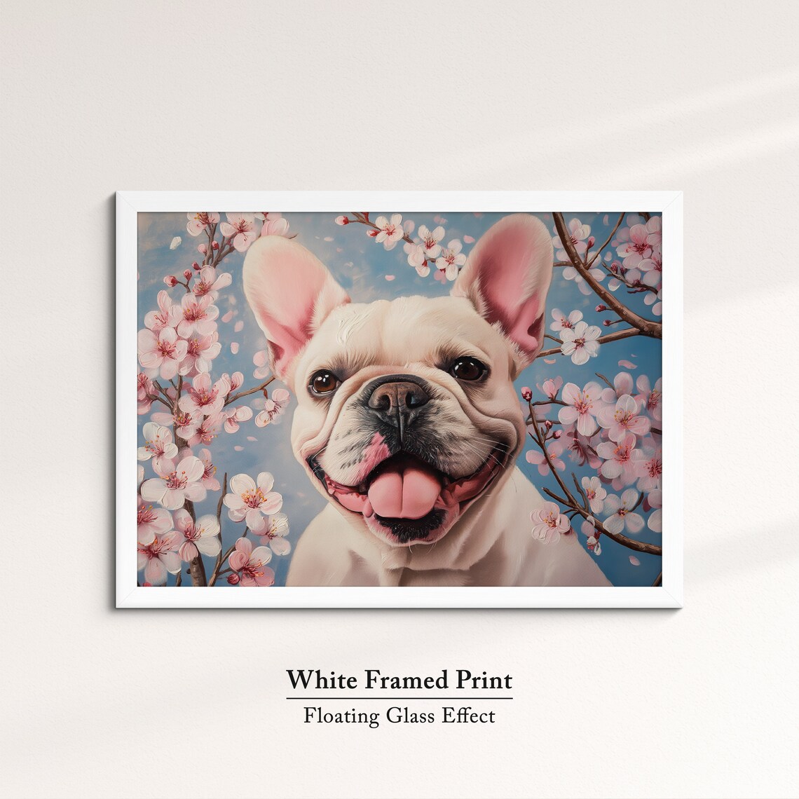 White French Bulldog Smiling In Cherry Blossoms Blue Sky Art Poster - Image 7