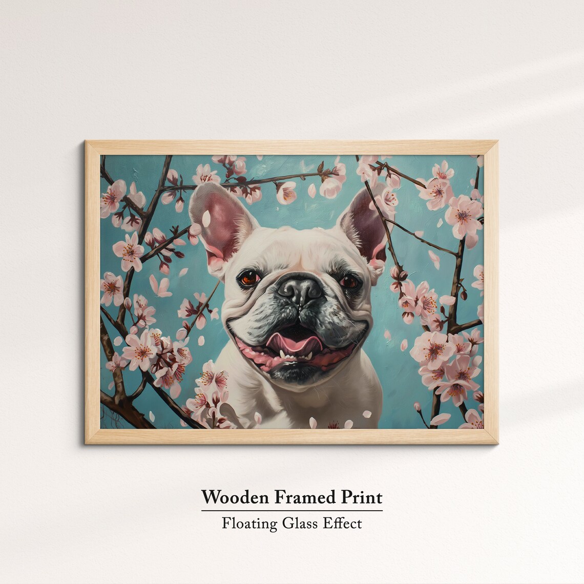 Cheerful White French Bulldog In Cherry Blossoms Teal Sky Dog Poster - Image 6