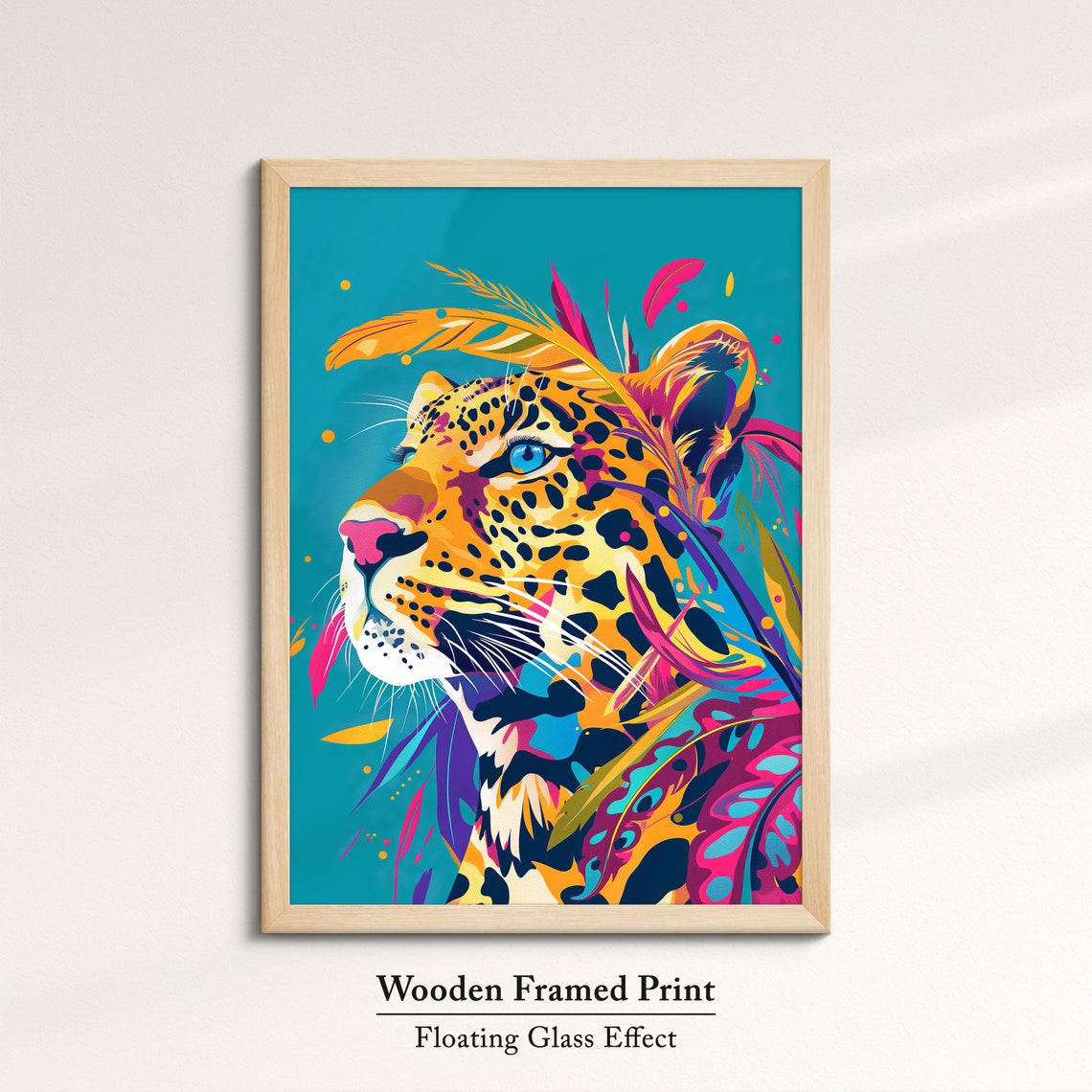 Leopard Side Profile With Feathers Teal Background Wildlife Poster - Image 6