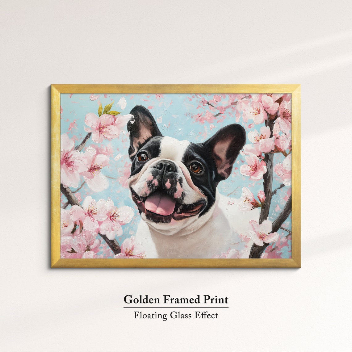 Black And White French Bulldog Smiling In Spring Cherry Blooms Poster - Image 5