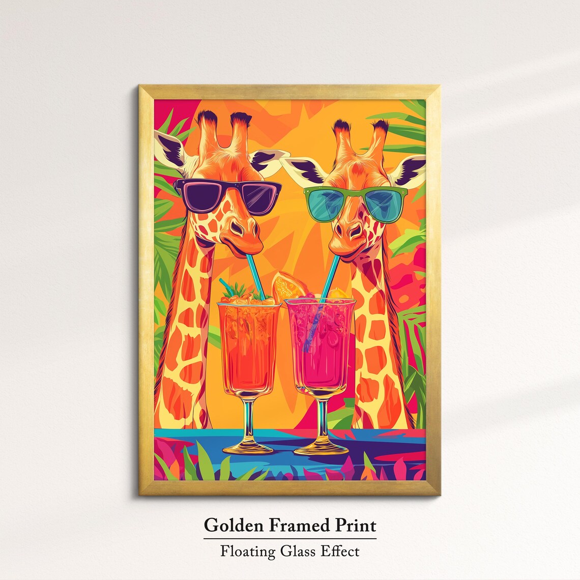 Two Giraffes Sunglasses Sipping Tropical Drinks Fun Pop Art Safari Poster - Image 5