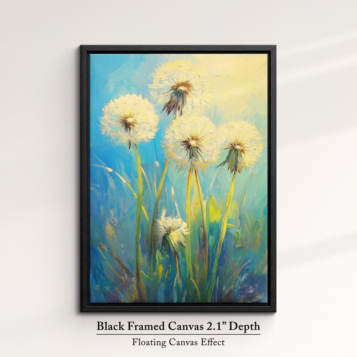 Dandelion Seed Heads Bright Blue Meadow Floral Oil Painting Poster - Image 2