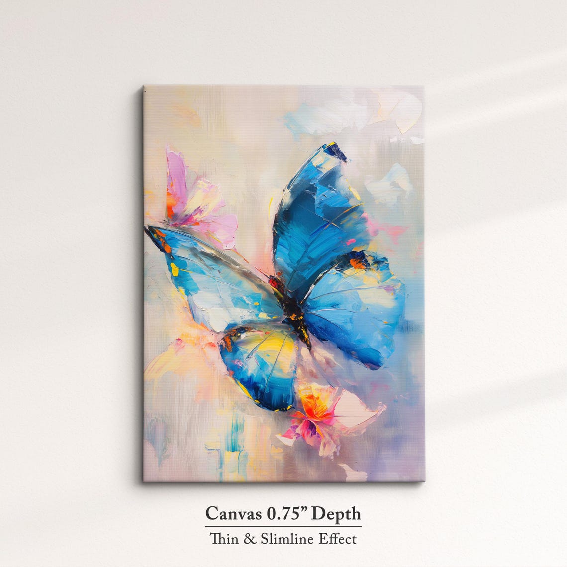 Blue Butterfly In Flight Pink Flower Soft Pastel Nature Wall Art - Image 4