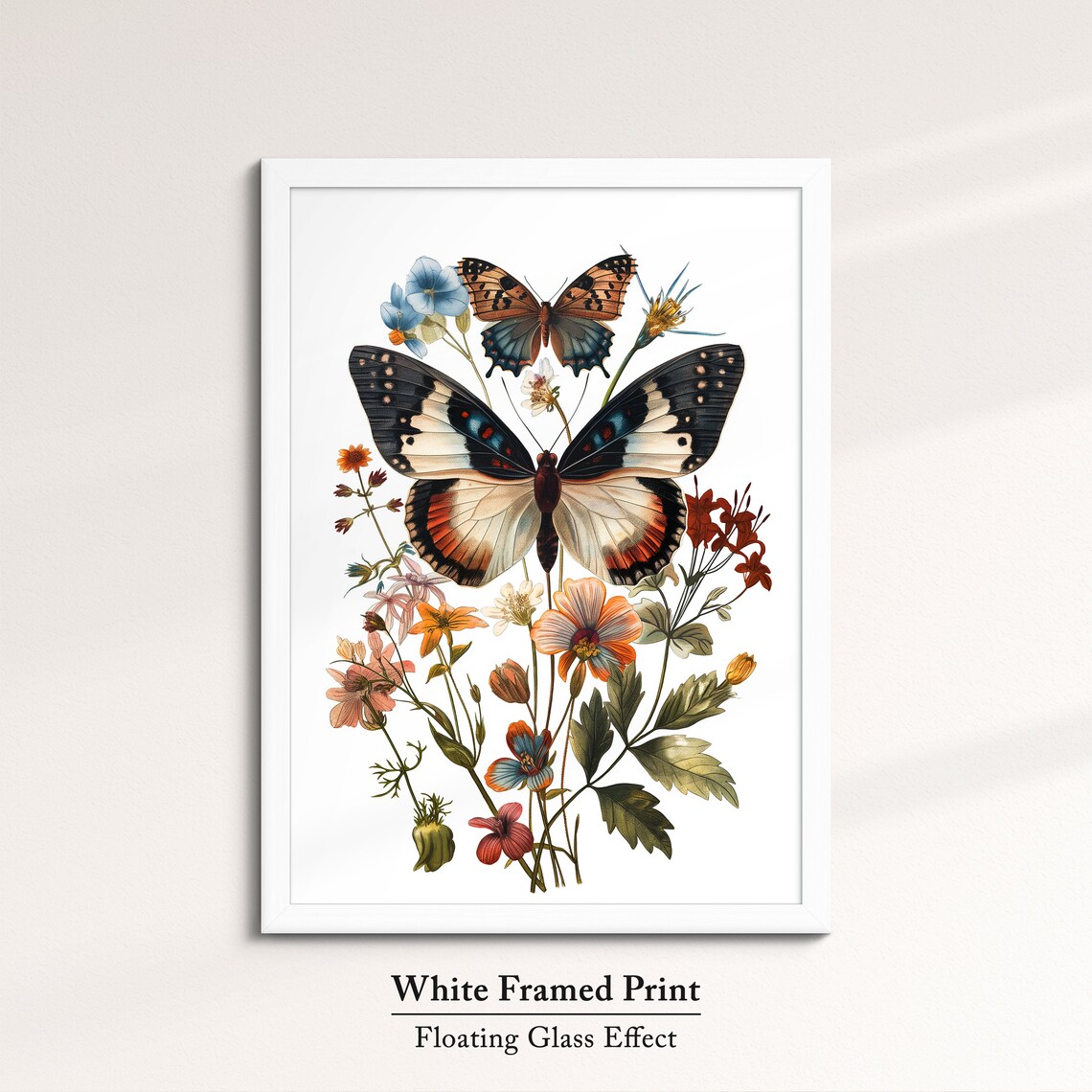 Vintage Botanical Butterflies With Wildflowers White Art Poster - Image 7