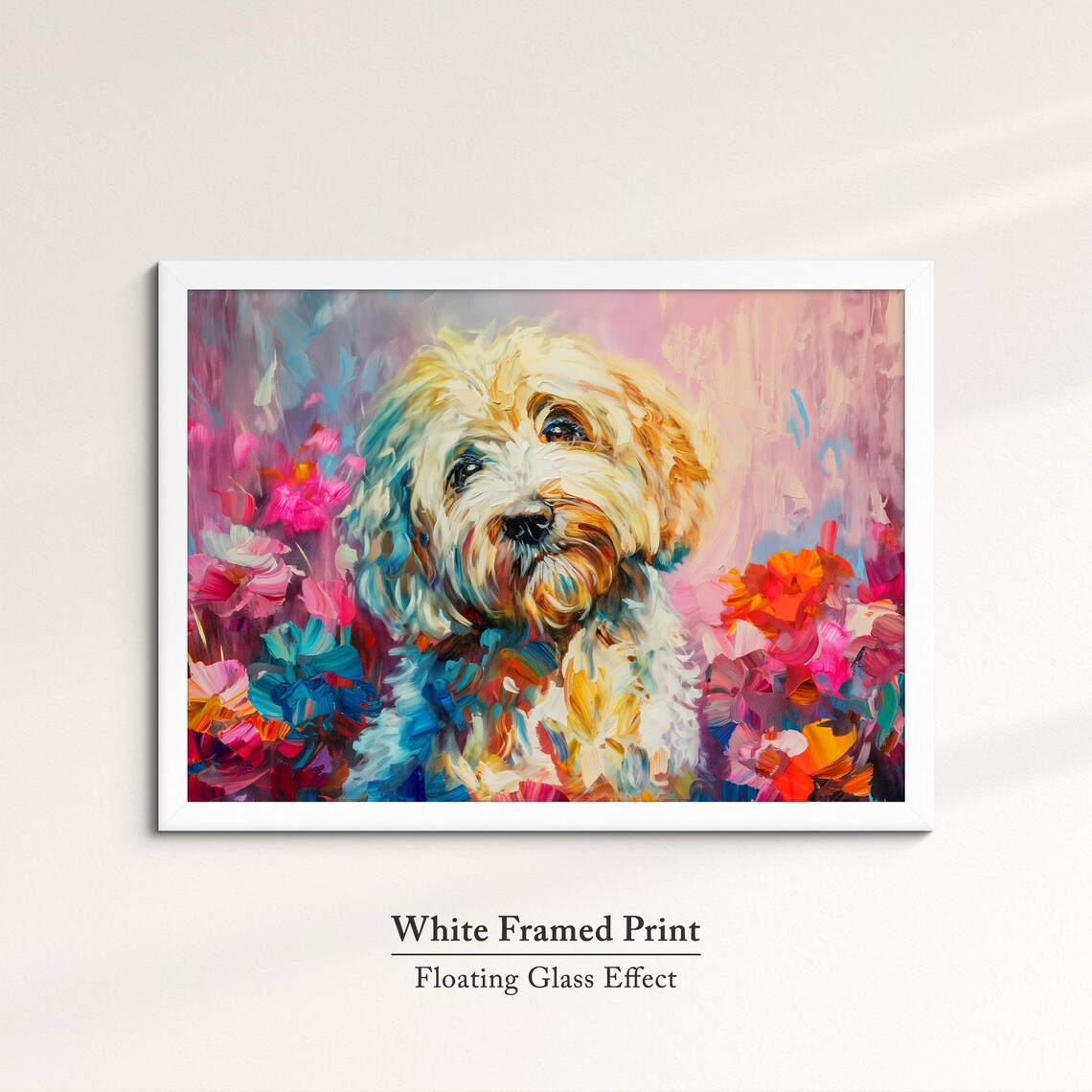 Fluffy White Cockapoo Dog Flowers Colorful Oil Painting Wall Art - Image 7