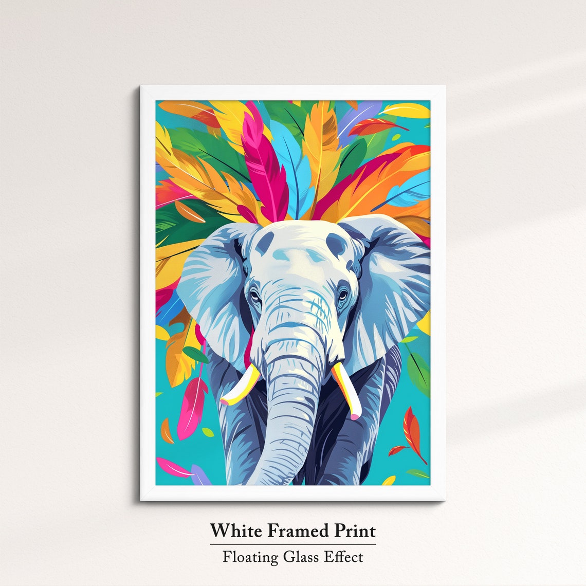 Elephant Front Portrait With Colorful Feathers Turquoise Art Poster - Image 7