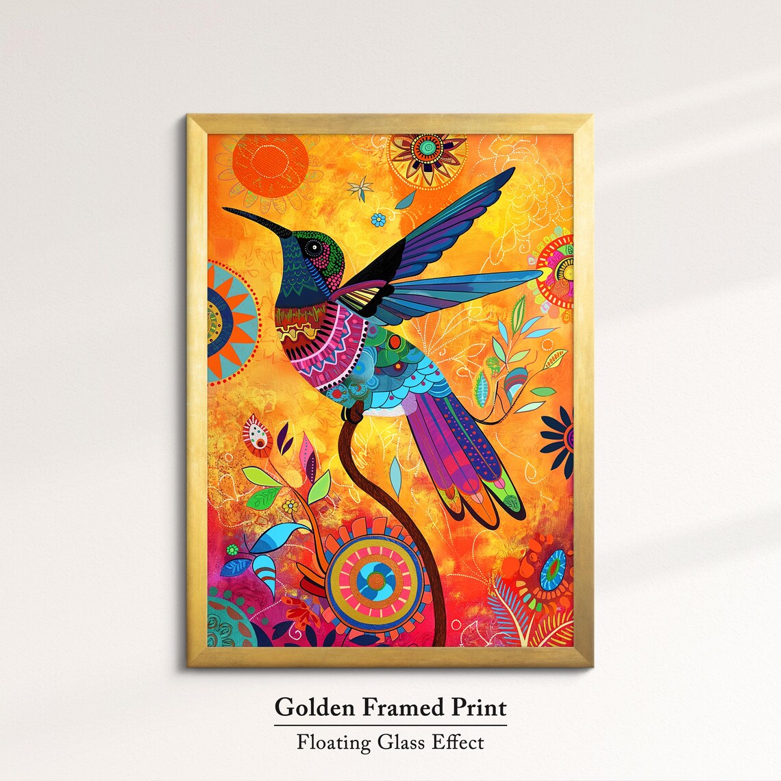 Colorful Hummingbird Folk Art Orange Mandala Background Wall Poster - Image 5