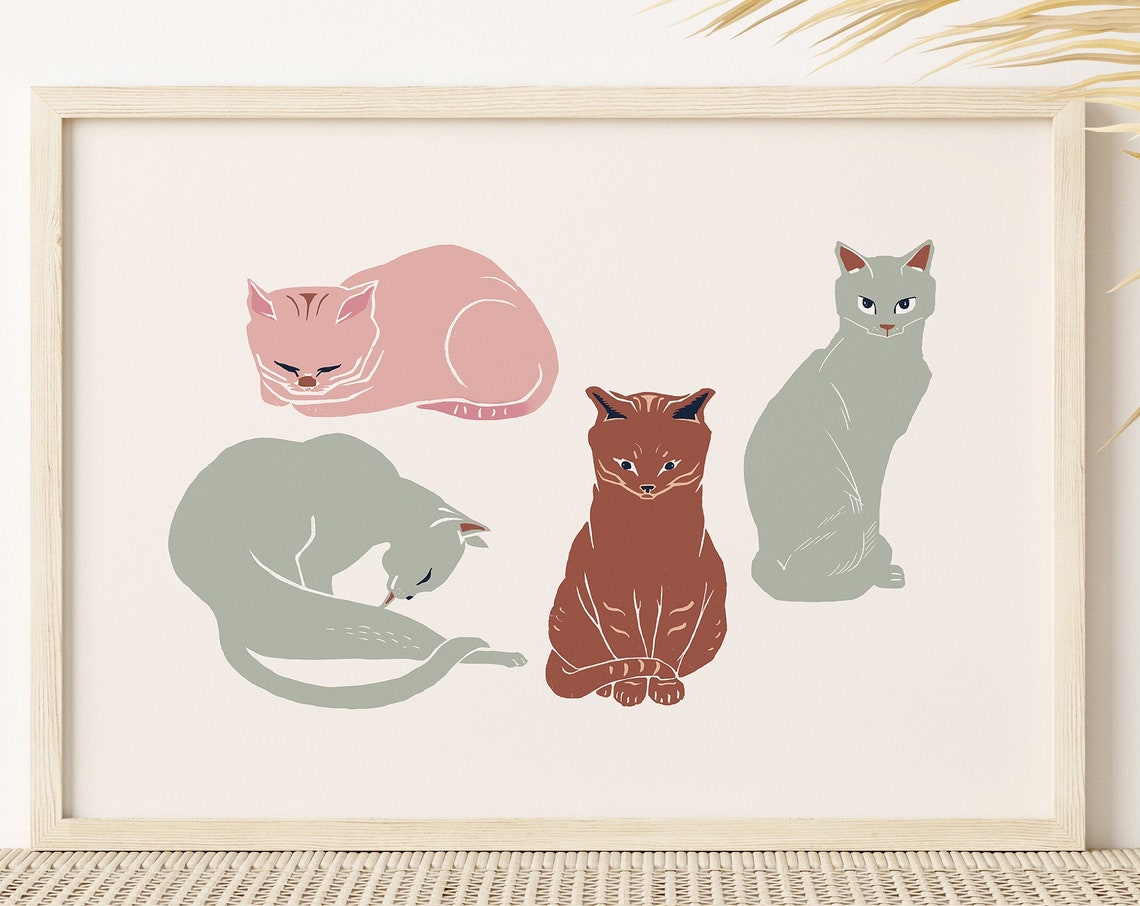 Four Adorable Pastel Cats Minimalist Kitten Nursery Wall Poster - Image 2