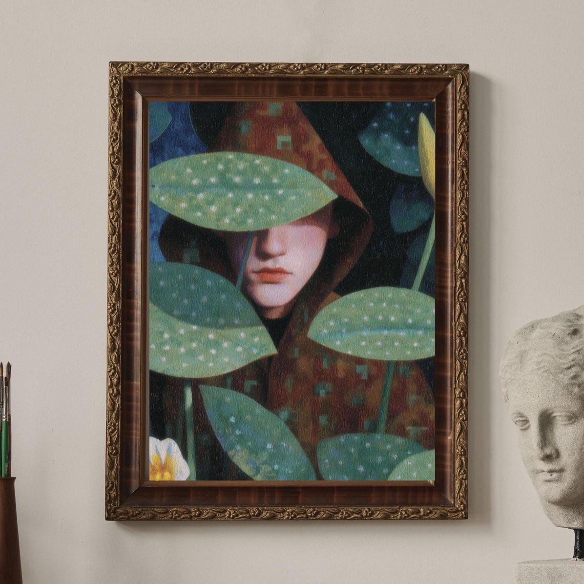 Harrison Hides No2 Hooded Figure in Spotted Leaves Dark Art Poster