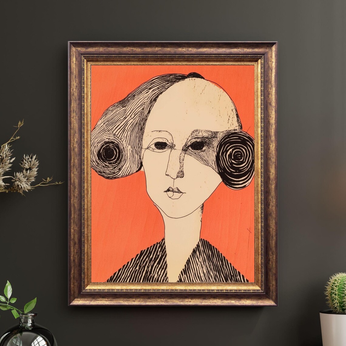Orange Line Art Woman Portrait with Spiral Hair Modern Poster