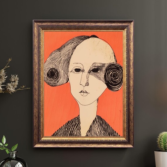 Orange Line Art Woman Portrait with Spiral Hair Modern Poster