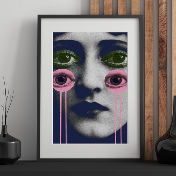 Surreal Pop Art Face with Melting Eyeballs Colorful Neon Poster