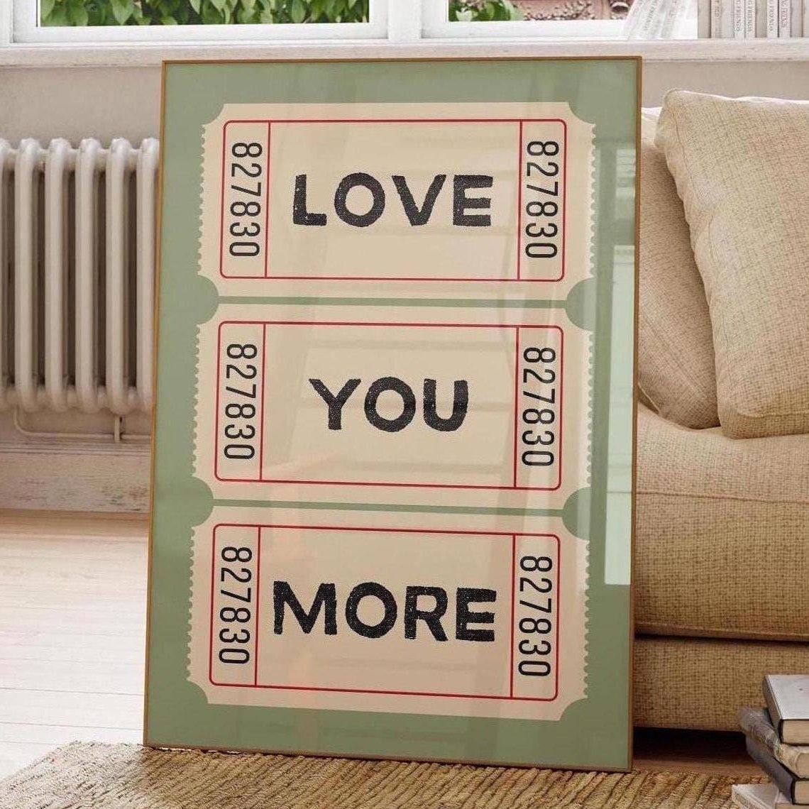 Love You More Retro Ticket Stubs Sage Green Typography Poster