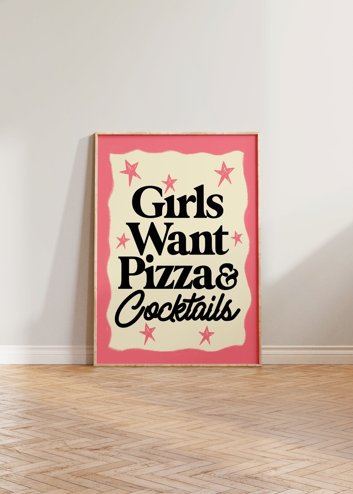 Girls Want Pizza and Cocktails Pink Retro Kitchen Bar Cart Wall Art