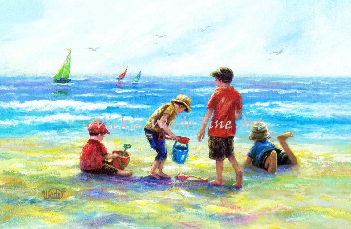 Four Boys Playing With Buckets and Shovels on the Beach Poster