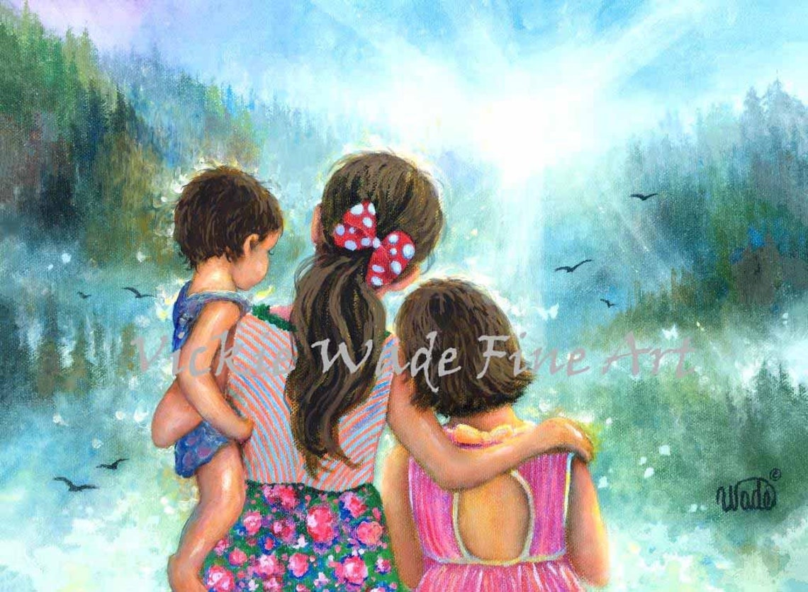 Three Sisters Gazing At A Sunlit Waterfall In The Forest Poster