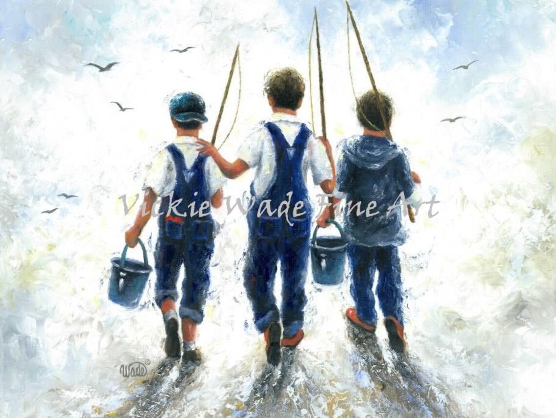 Three Boys With Fishing Rods and Buckets Heading to the Ocean Poster