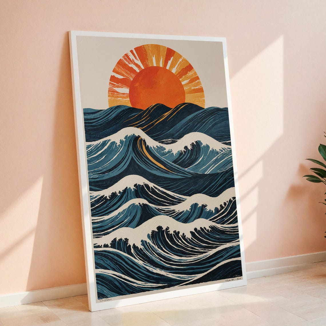 Retro Ocean Waves Sunset Wall Art for Coastal Boho Home Decor