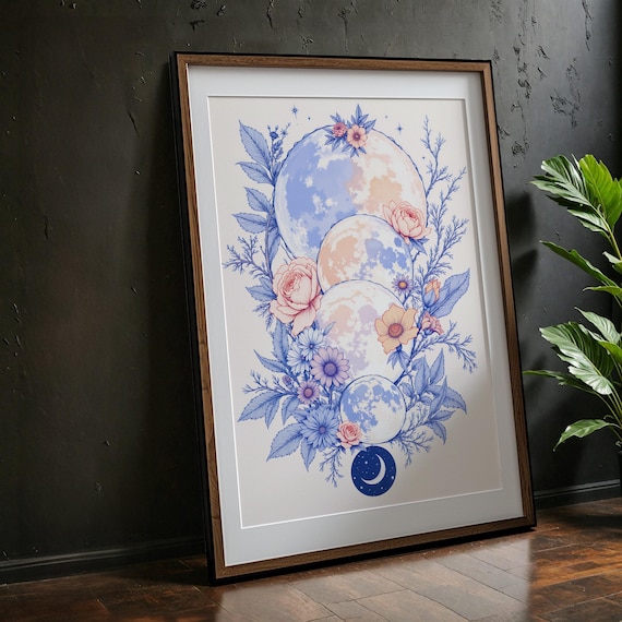Floral Moon Phase Wall Art for Boho Celestial Lunar Botanical Decor