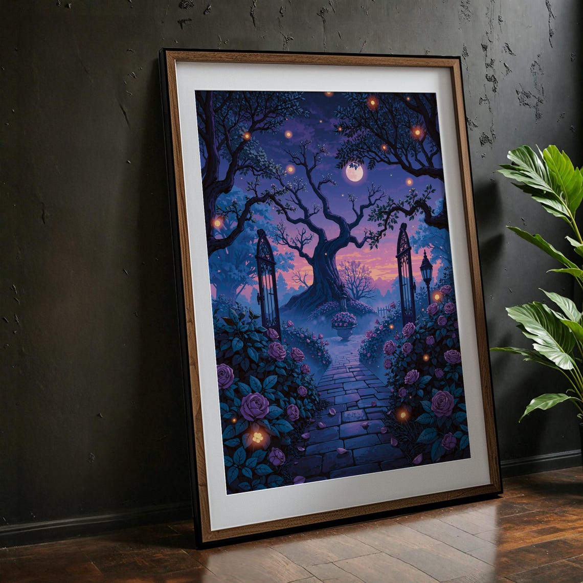 Enchanted Twilight Rose Garden Moonlit Path Firefly Night Poster