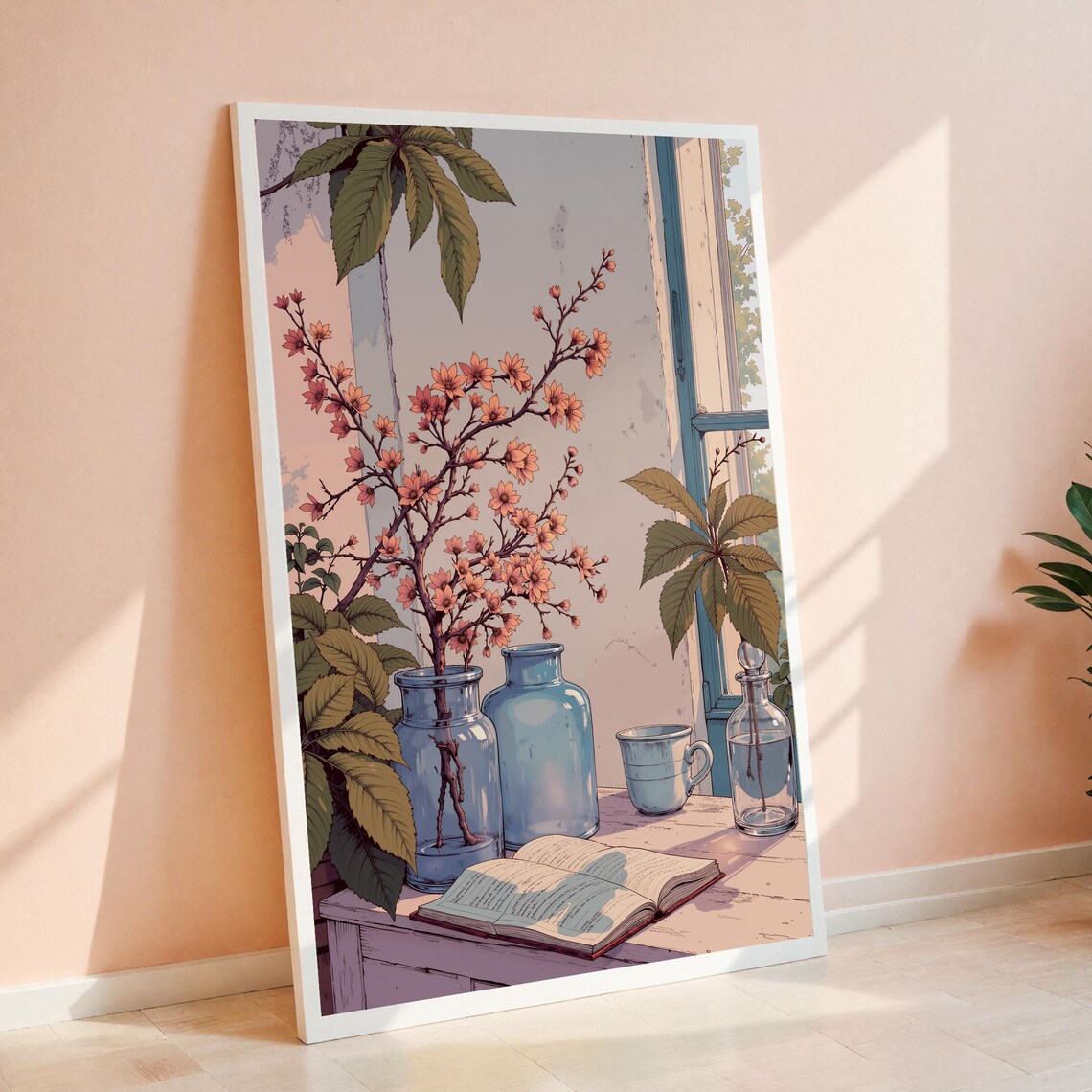 Vintage Botanical Still Life Glass Bottles Blossom Art Poster