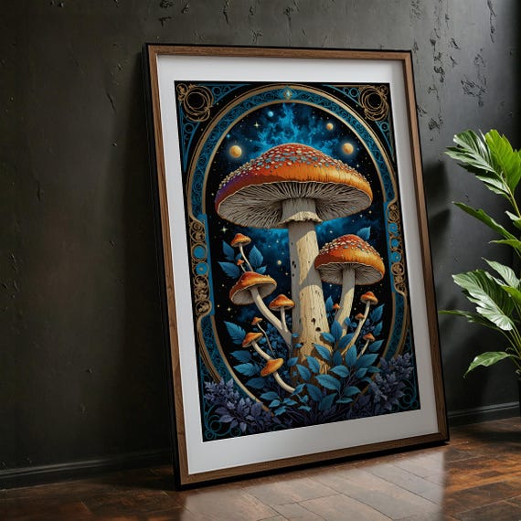 Fantasy Mushroom Art Print Celestial Poster Wall 24x36 Psychedelic Nature Boho Decor